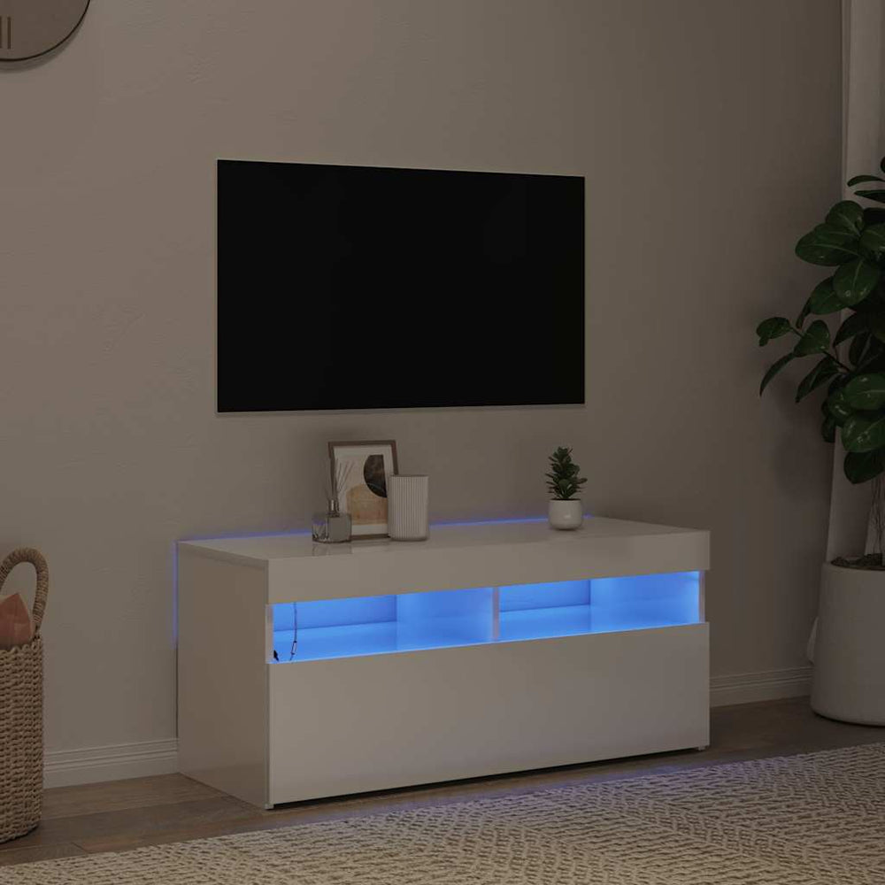 TV spintelė su LED apšvietimu, balta, 90x35x40cm, blizgi