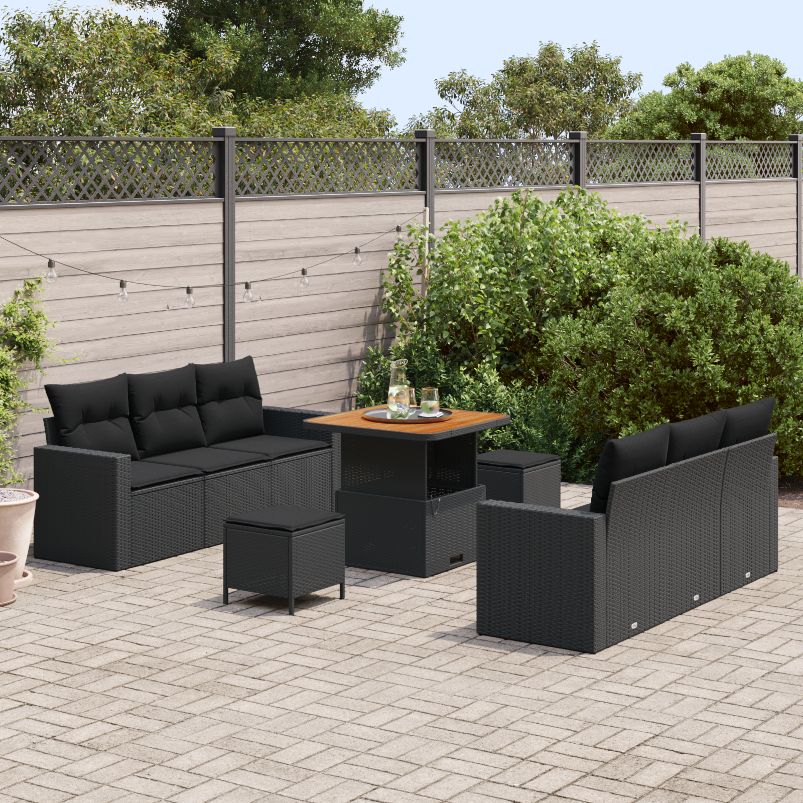 9 dalių sodo sofa komplektas su pagalvėmis juodas poli ratanas akacija