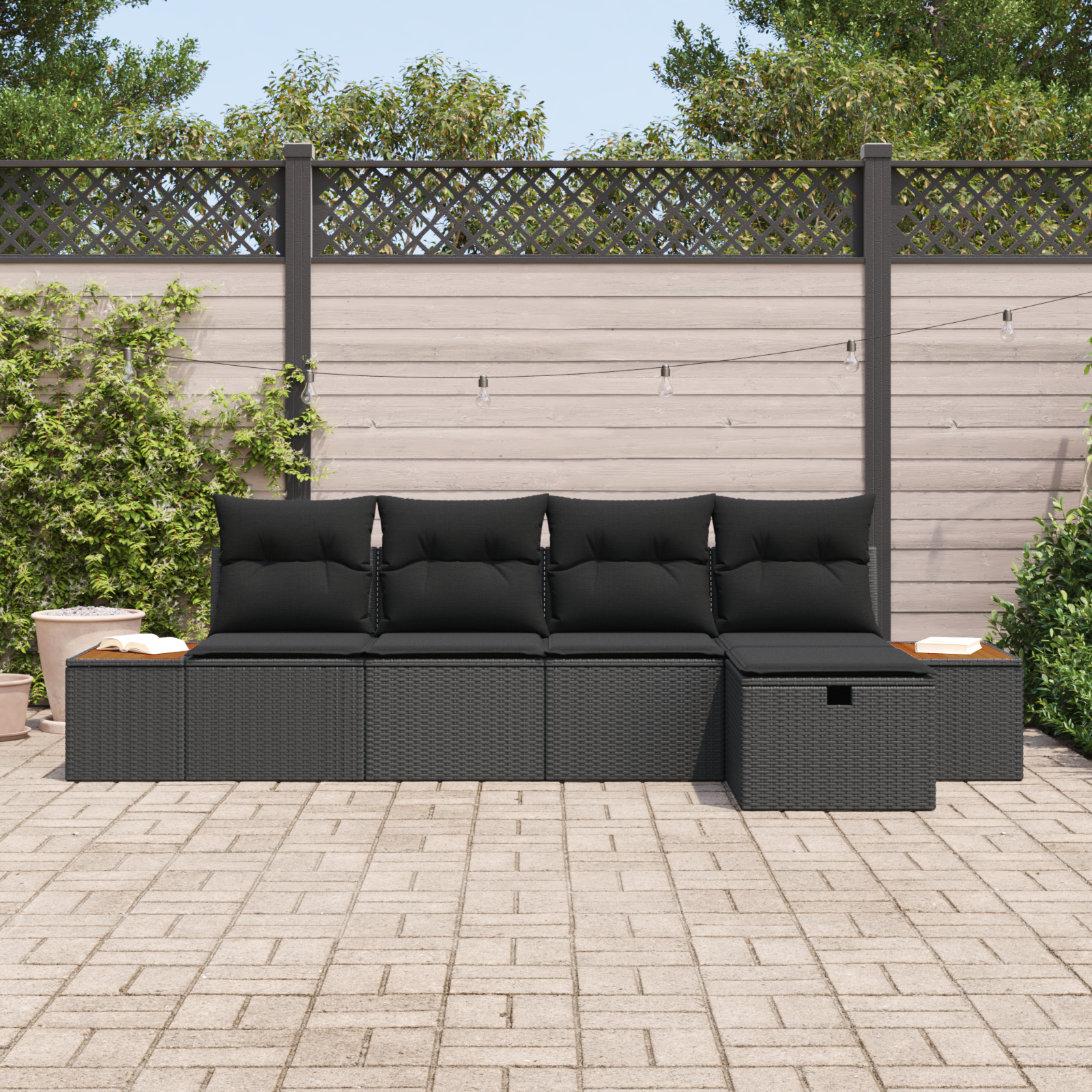 Sodo Sofų Rinkinys su pagalve 5 pcs Juoda Poli ratanas