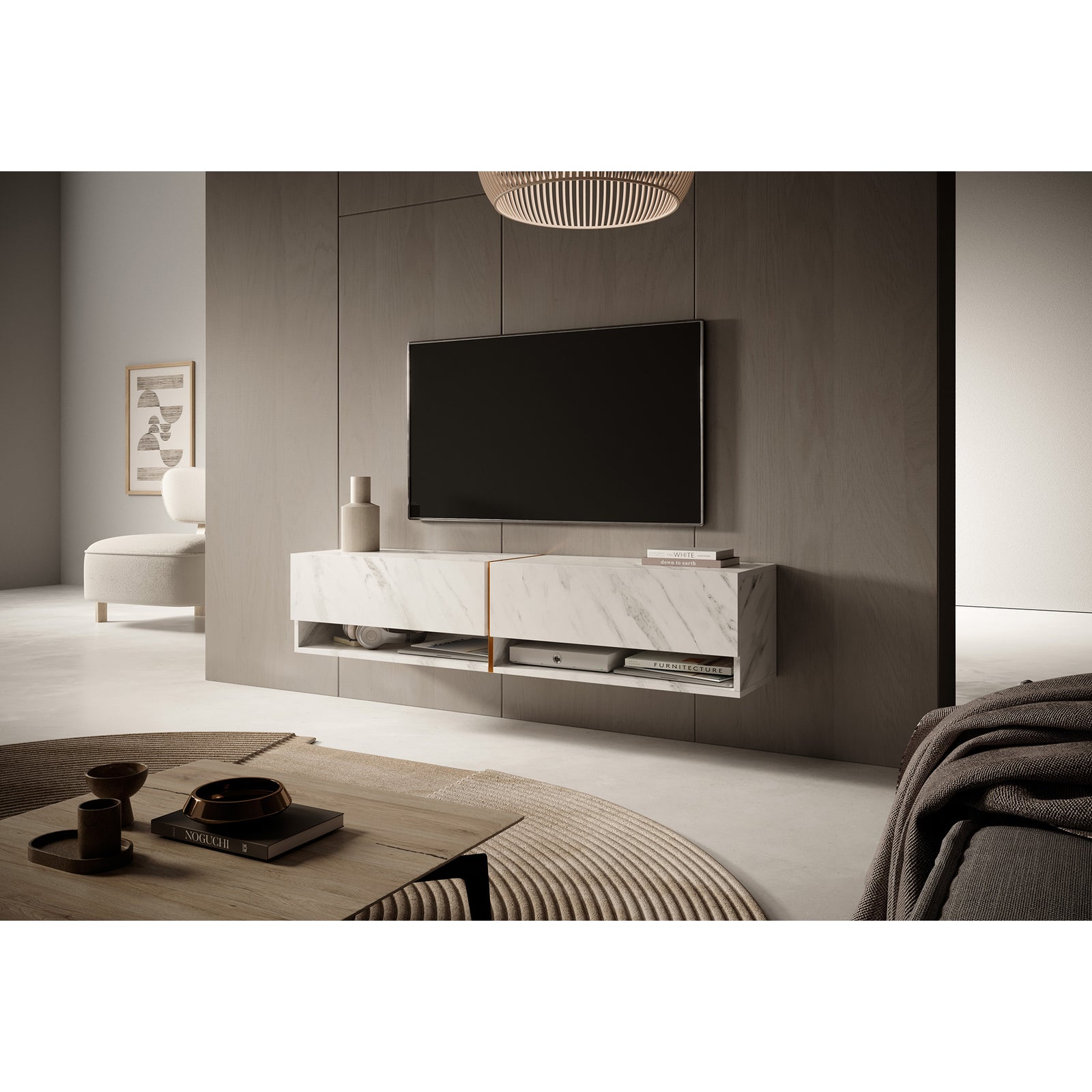 TV staliukas MIRRGO, balto marmuro, 140 cm