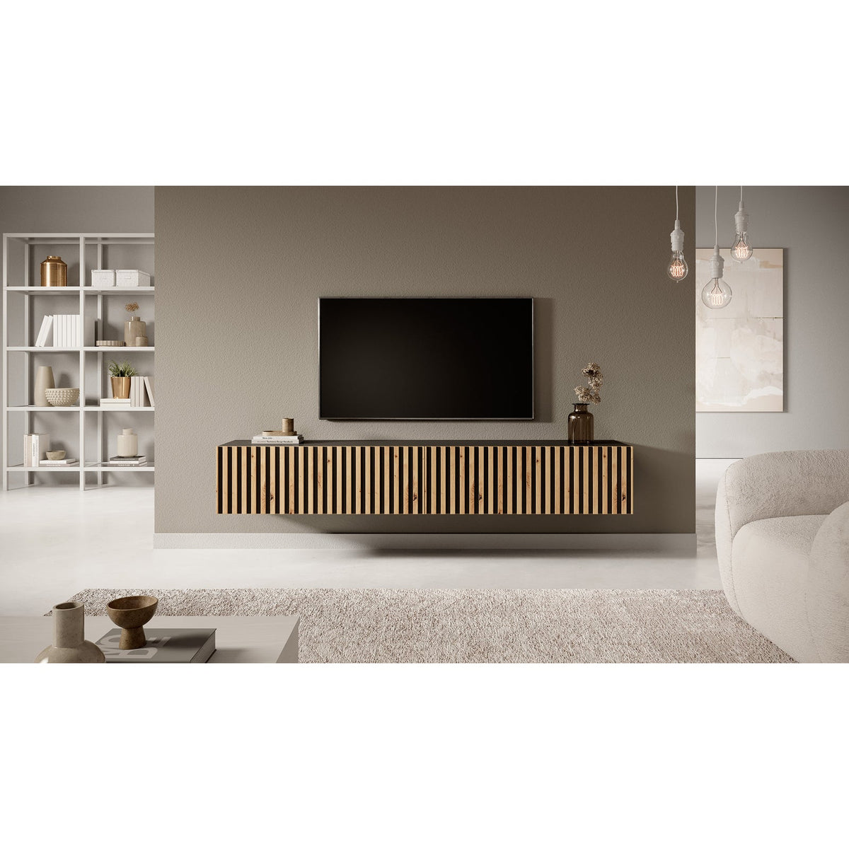 TV spintelė LORCAN, 175 cm, juoda+ąžuolas