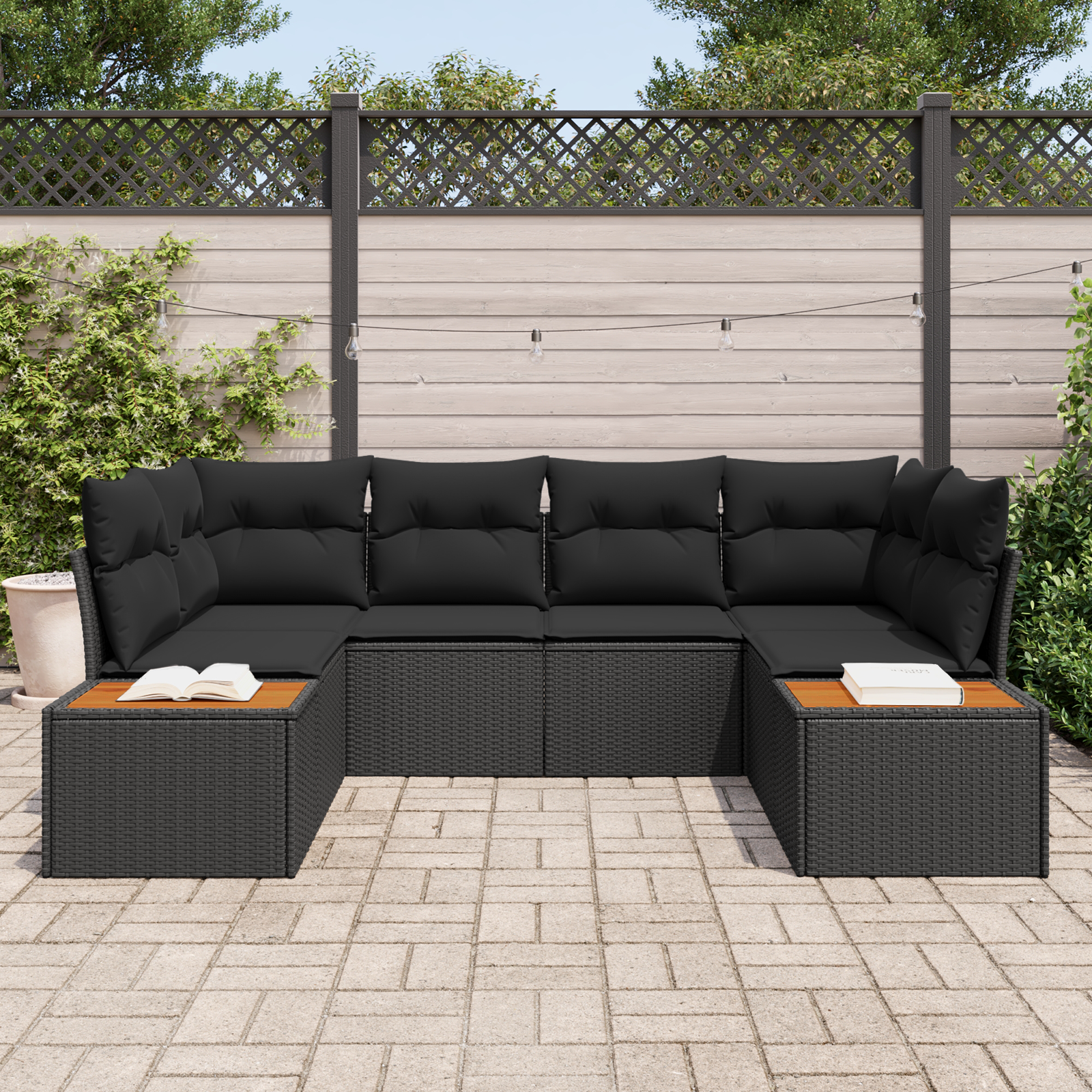 Sodo Sofų Rinkinys su pagalve 6 pcs Juoda Poliratanas