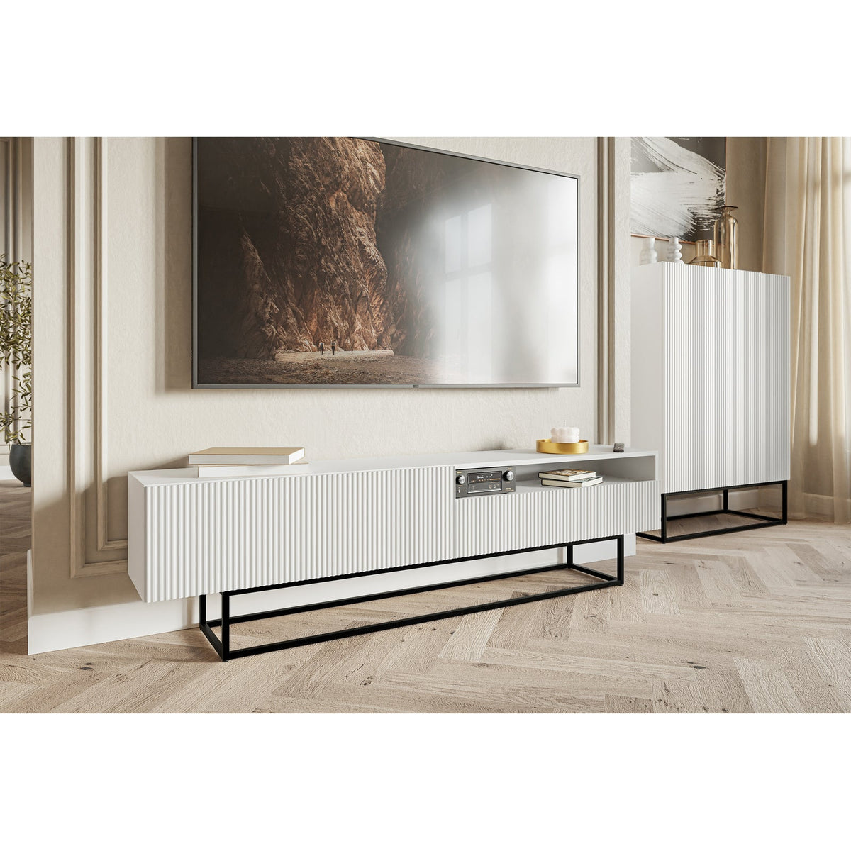 TV spintelė GREYA, balta, 175 cm, juodos kojos, 2
