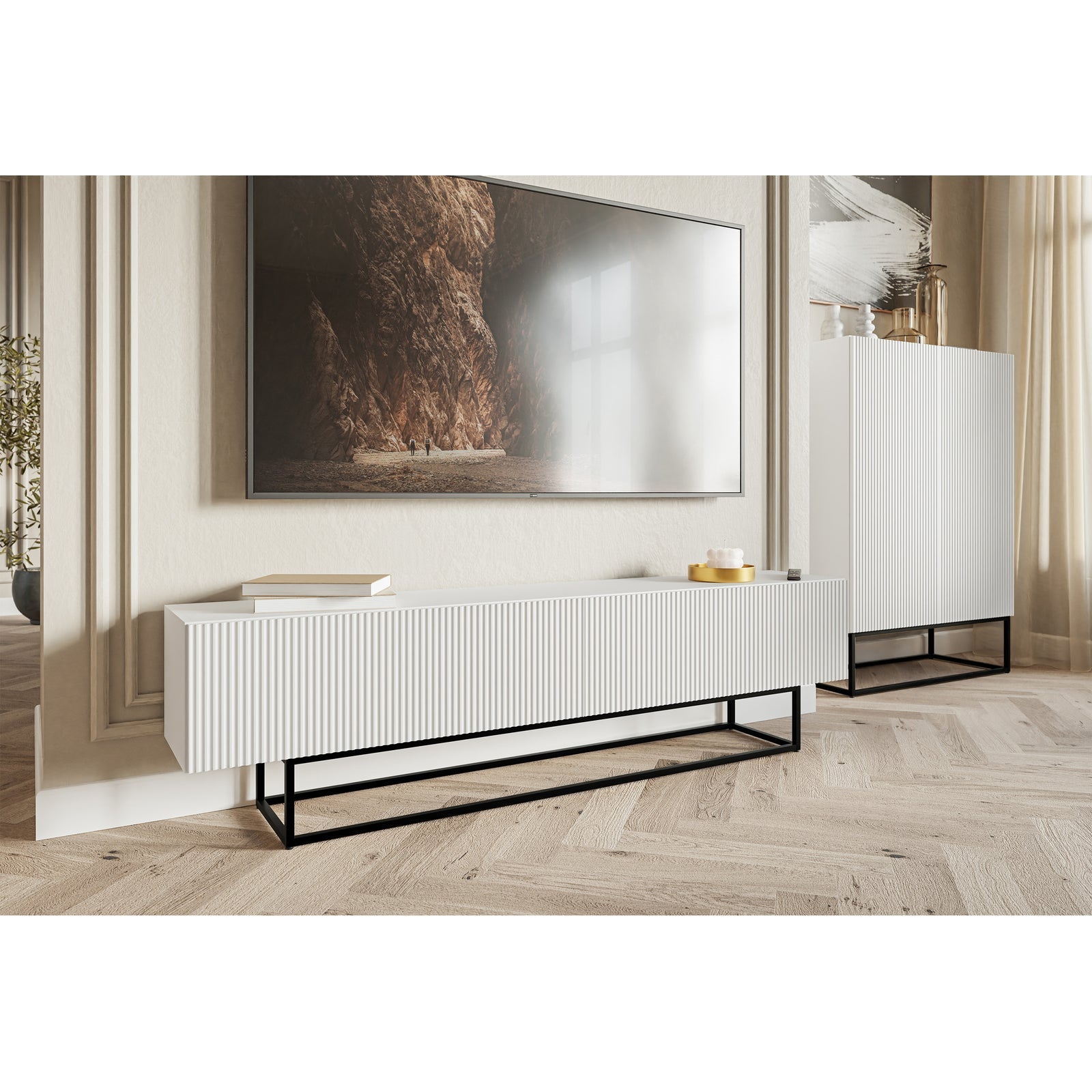 TV staliukas VELDIO, balta, 175 cm, juodos kojos