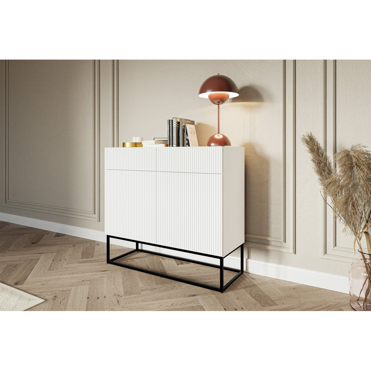 Komoda GREYA, balta, 100 cm – kampo detalė