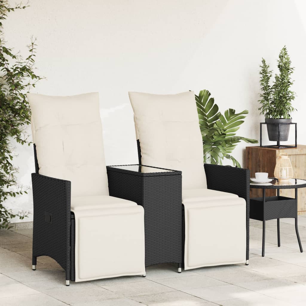 Atlošiama dvivietė sodo sofa su staliuku, juoda, poliratanas - Namų Idėja