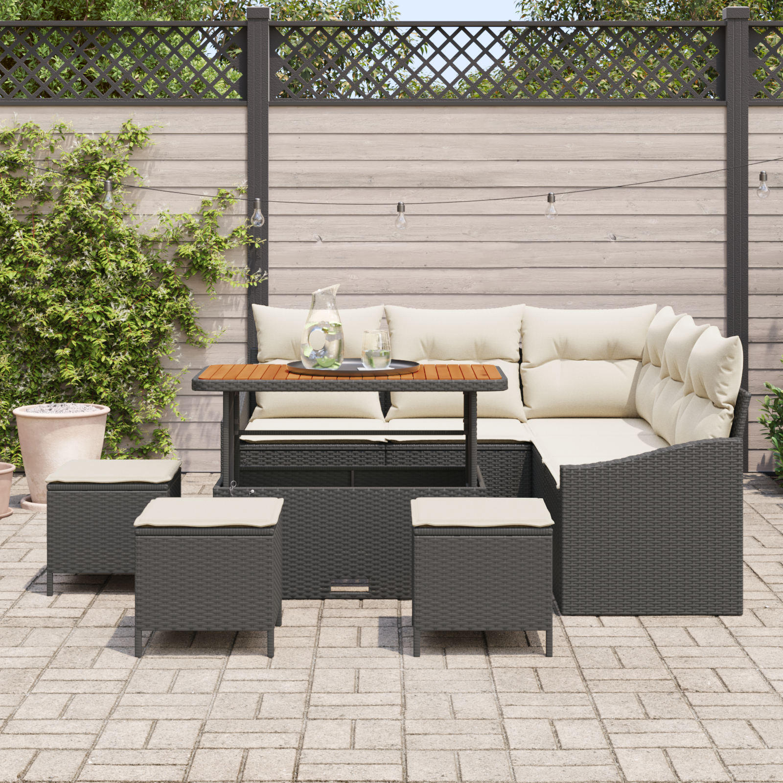 9 dalių sodo sofos komplektas su pagalvėlėmis Juodas Poli ratanas Akacijos
