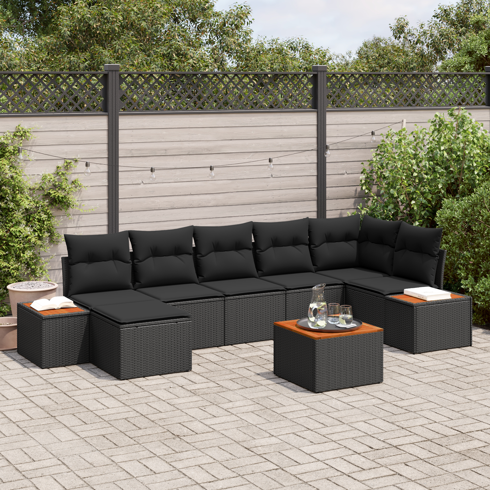 Sodo Sofų Rinkinys su pagalve 8 pcs Juoda Poliratanas