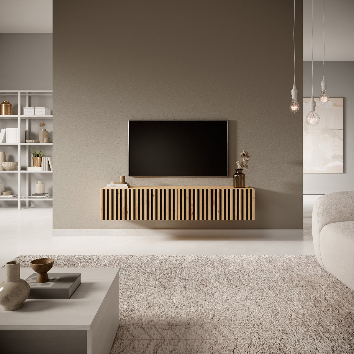 TV spintelė LORCAN, 138,6 cm, ąžuolas+juoda