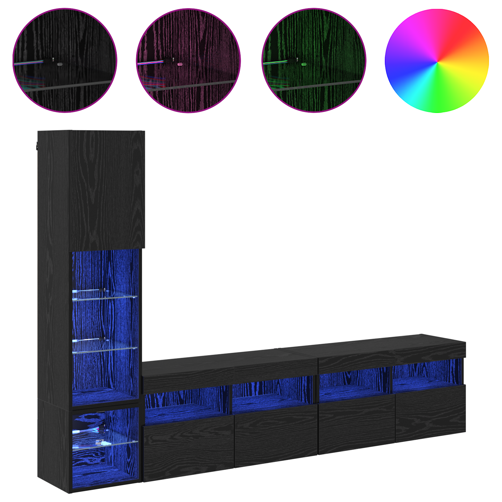 TV Wall Unit with LED 4 pcs Black Oak