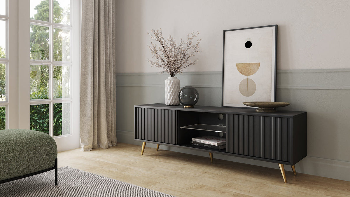 TV spintelė MAGNUS, juoda, 135 cm, auksinės kojos