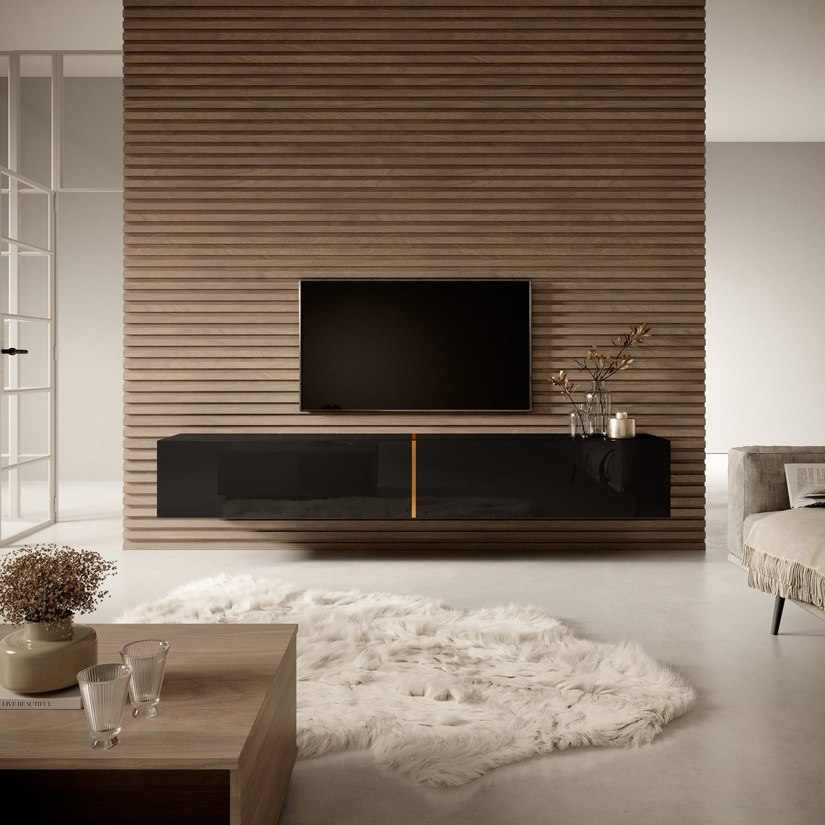 TV spintelė FREJA, 200 cm, juoda+auksinė