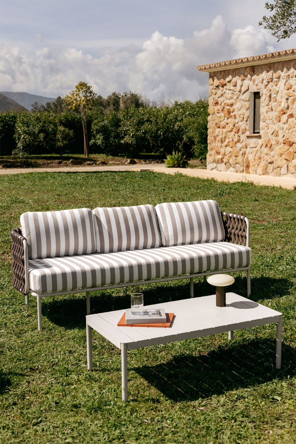 TEVARY outdoor furniture set, sofa and coffee table, mocha brown and white