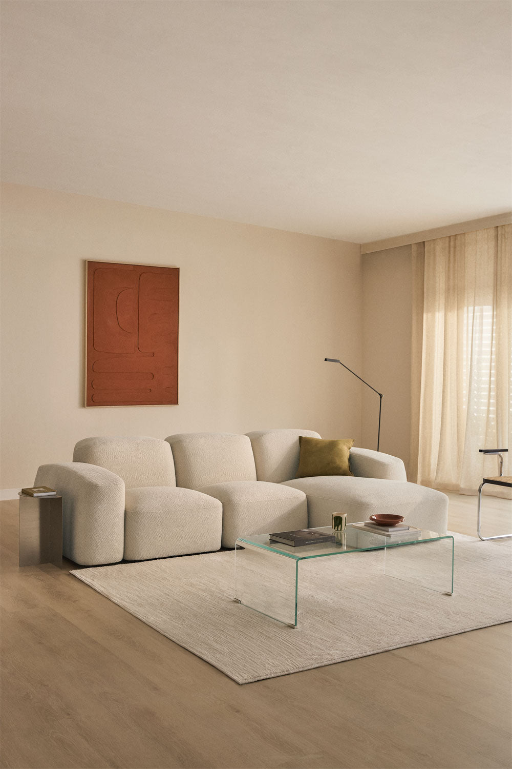Modulinė sofa BASTIENA, storas baltas šenilas, 4 dalys su kairiuoju gultu