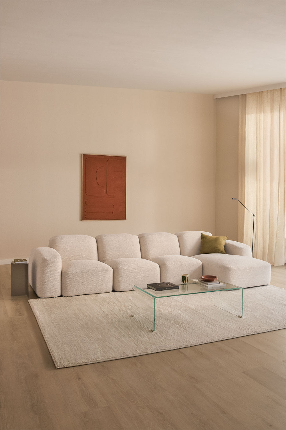 Modulinė sofa BASTIENA, storas baltas šenilas, 5 dalys su kairiuoju gultu