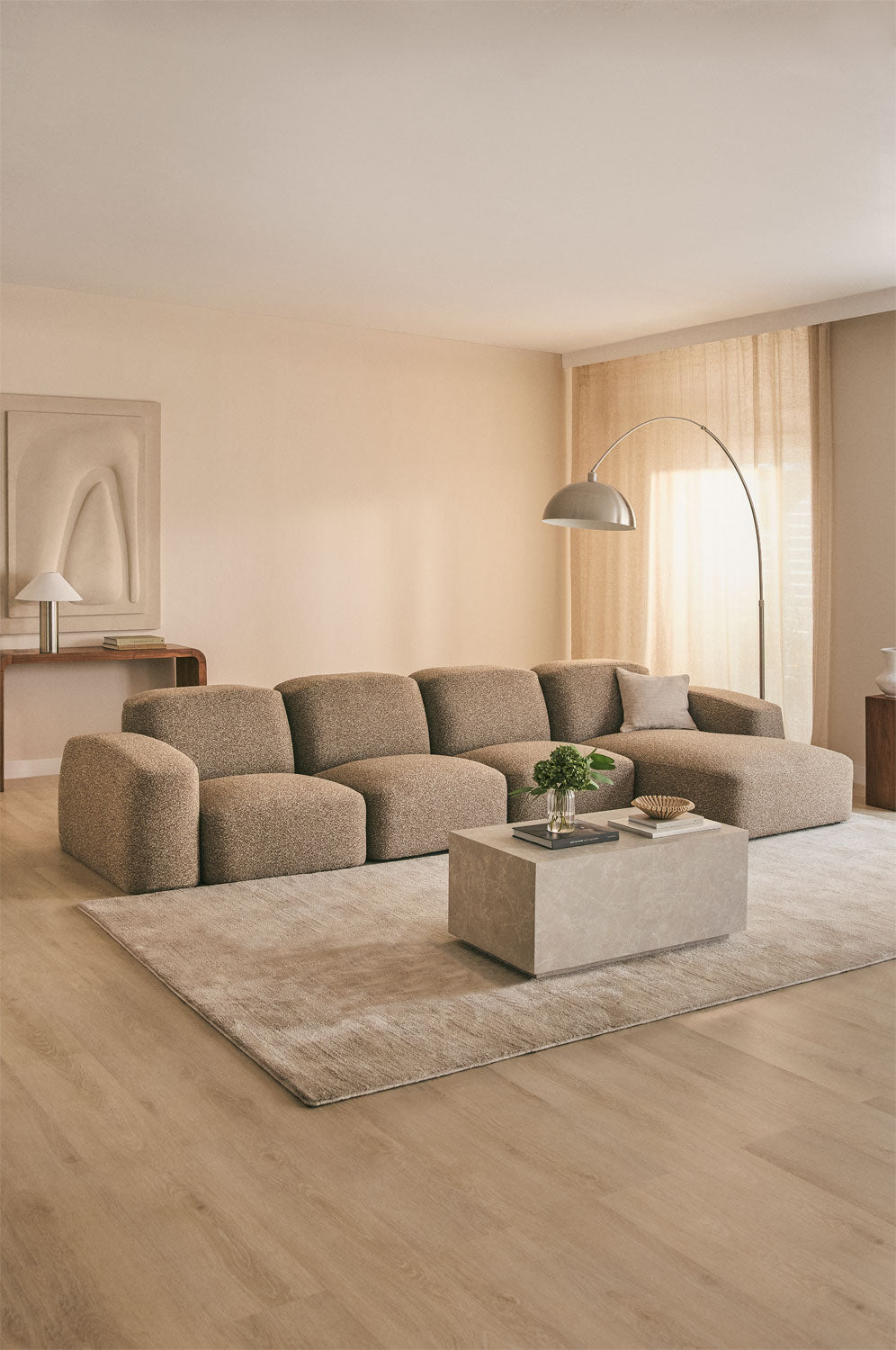 Modulinė sofa BASTIENA, rudos mokos boucle, 5 dalys su kairiuoju gultu