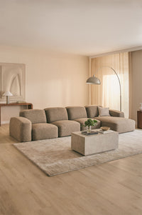 Modulinė sofa BASTIENA, rudos mokos boucle, 5 dalys su kairiuoju gultu