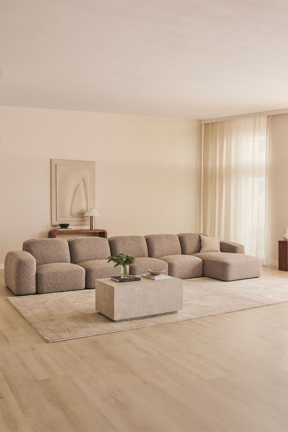 Modulinė sofa BASTIENA, rudos mokos boucle, 6 dalys su kairiuoju gultu