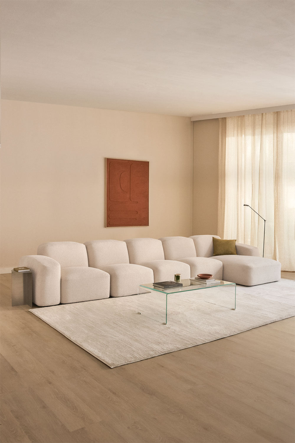 Modulinė sofa BASTIENA, storas baltas šenilas, 6 dalys su kairiuoju gultu