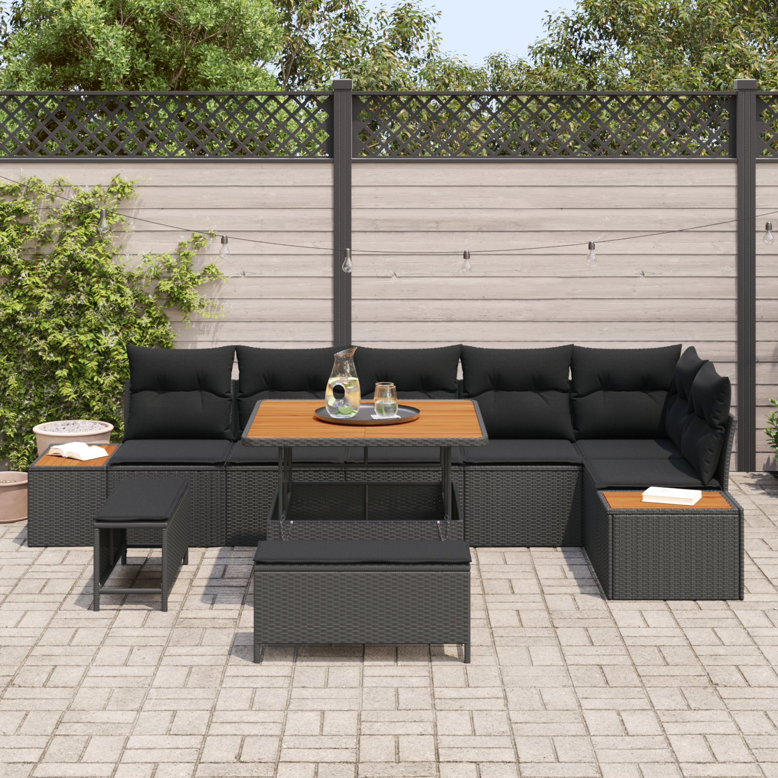 Sodo Sofų Rinkinys su pagalve 9 pcs Juoda Poli ratanas