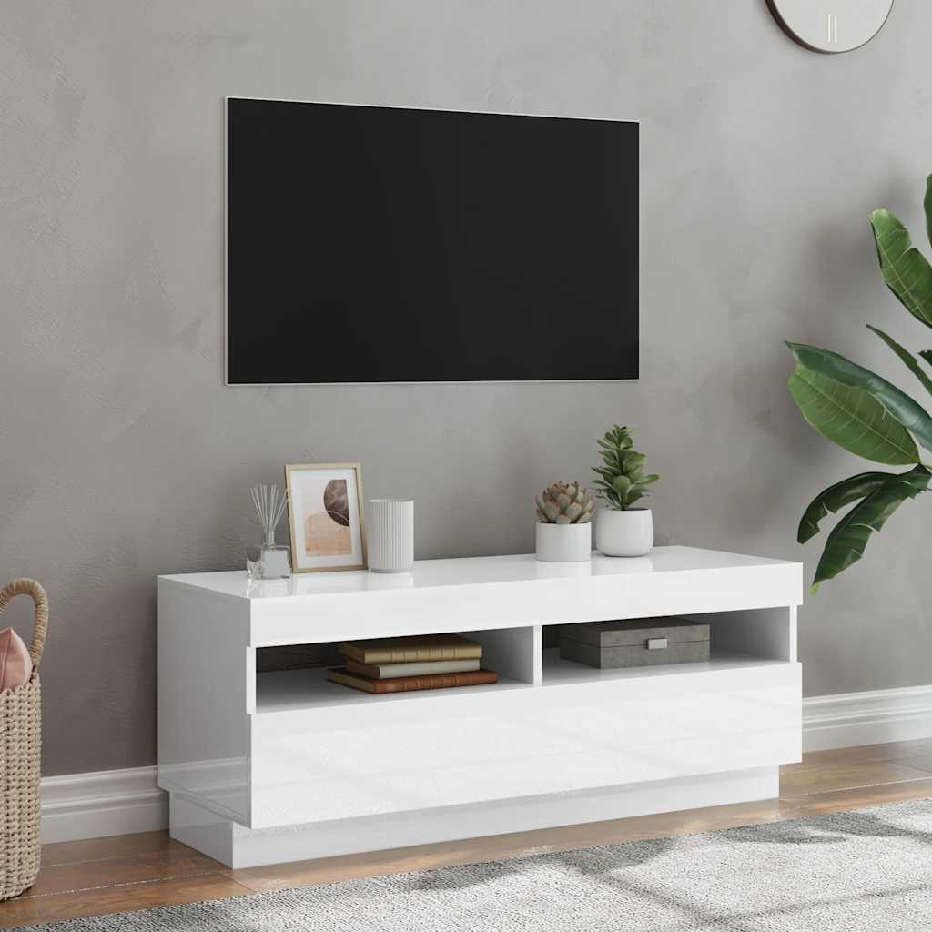 TV spintelė su LED apšvietimu, balta, 100x35x40cm, blizgi