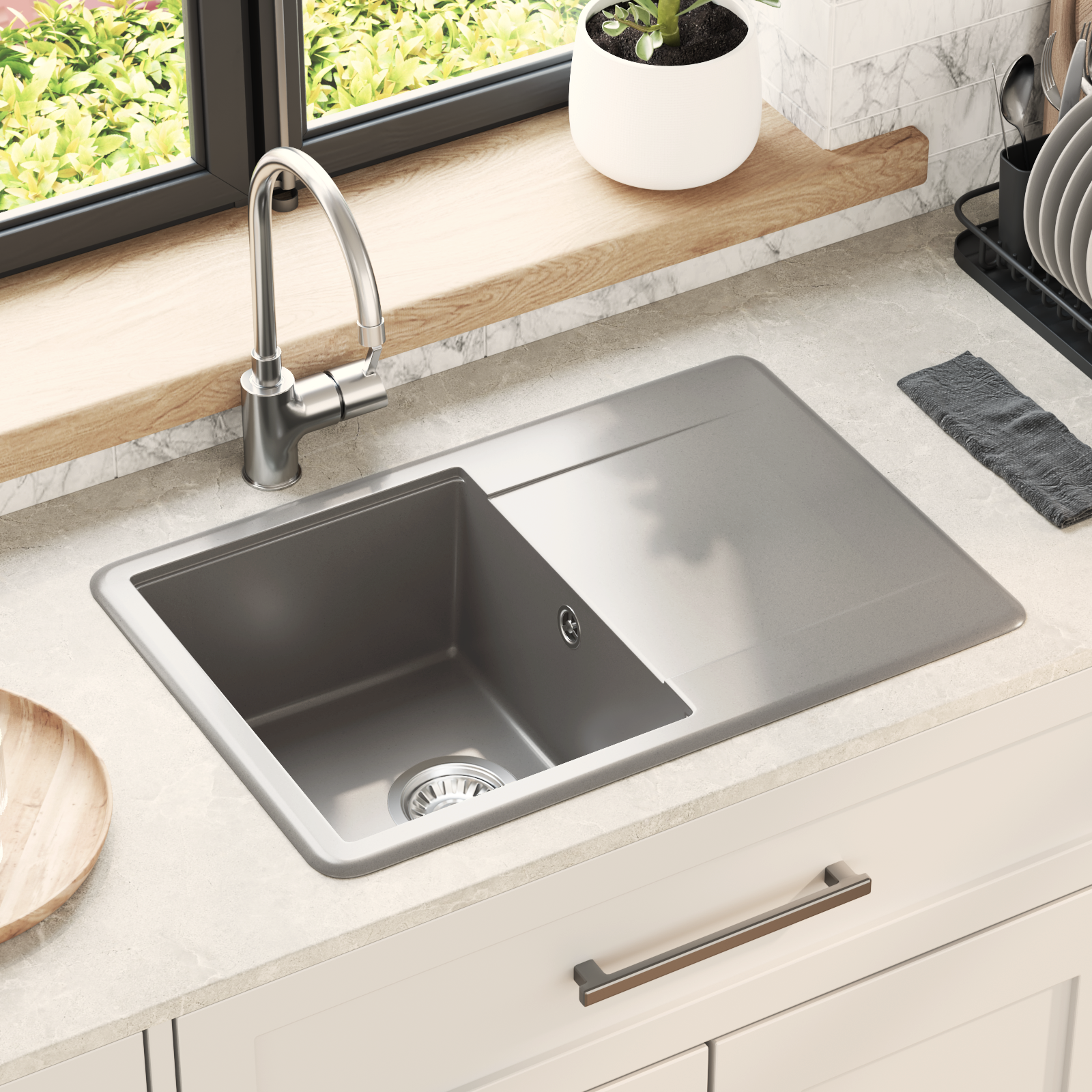 Kriauklė Pilka 670 x 460 mm 80% Kvarcas ir 20% Derva