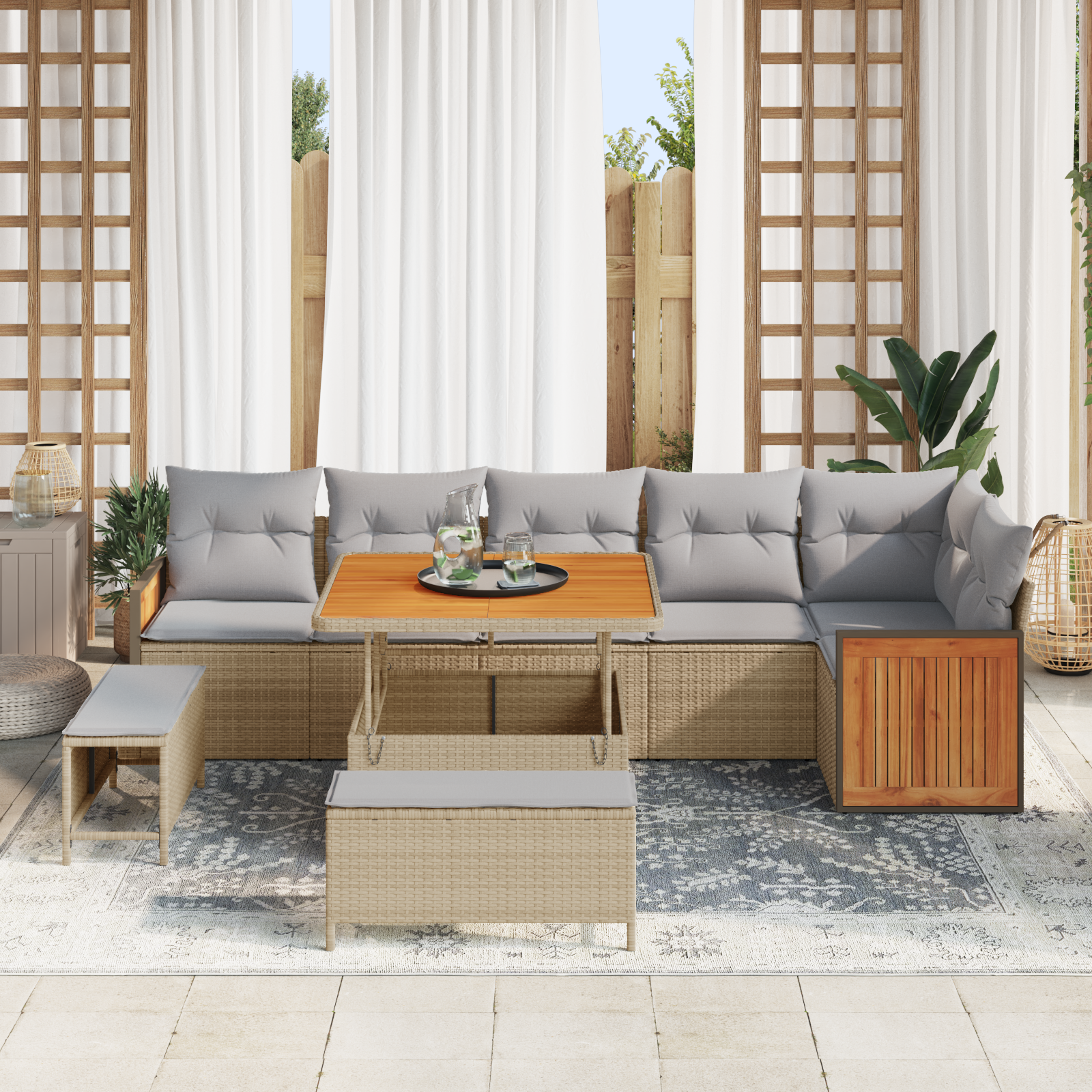 9 dalių sodo sofa komplektas su pagalvėlėmis Smėlio Poli ratanas Akacija