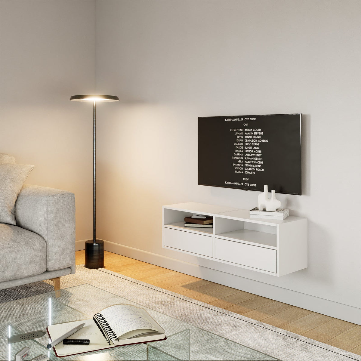 Pakabinama TV spintelė ZARI, balta, 100 cm, 2 – matinio paviršiaus detalė
