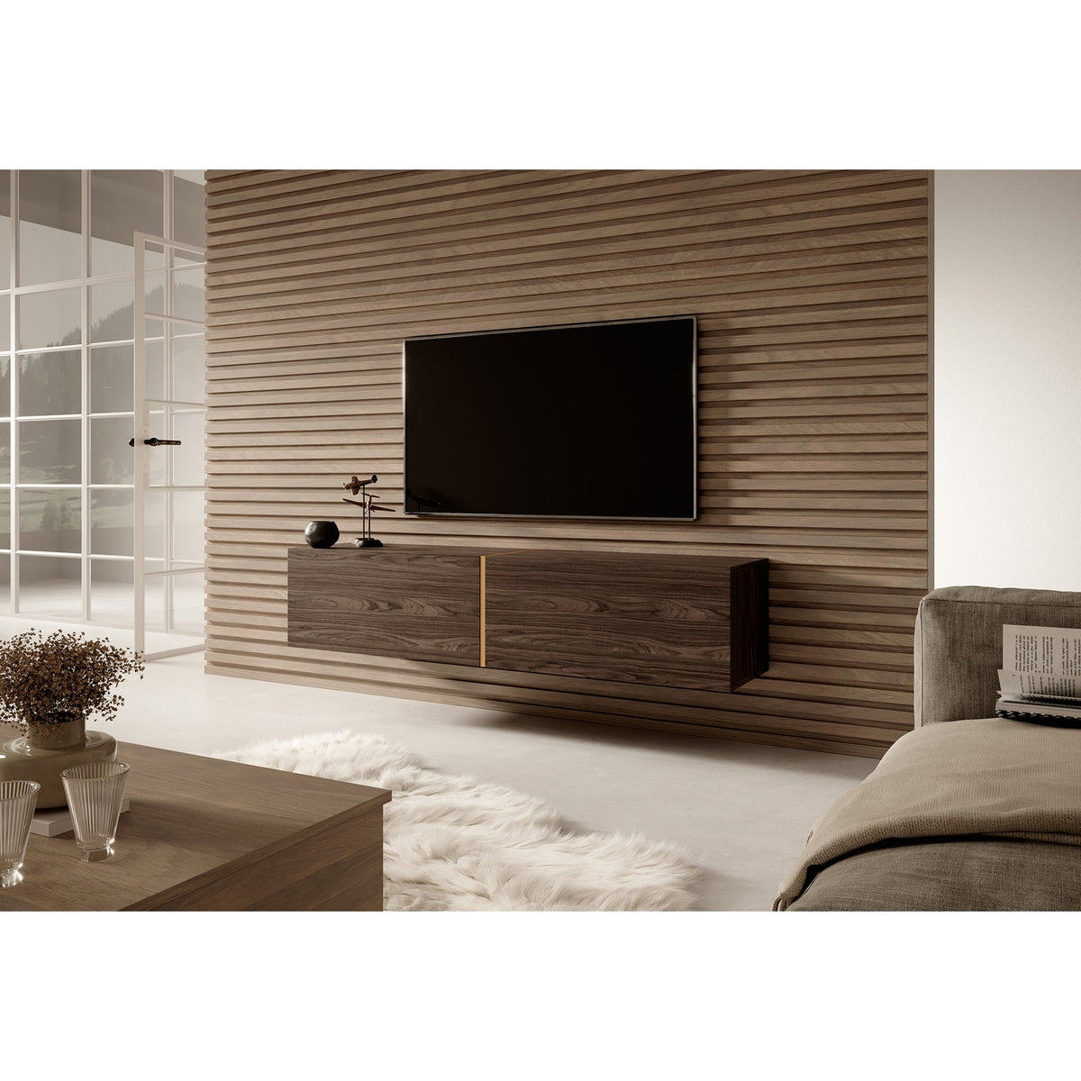 TV spintelė FREJA, riešutas, 140 cm, 2 – naudojimo pavyzdys