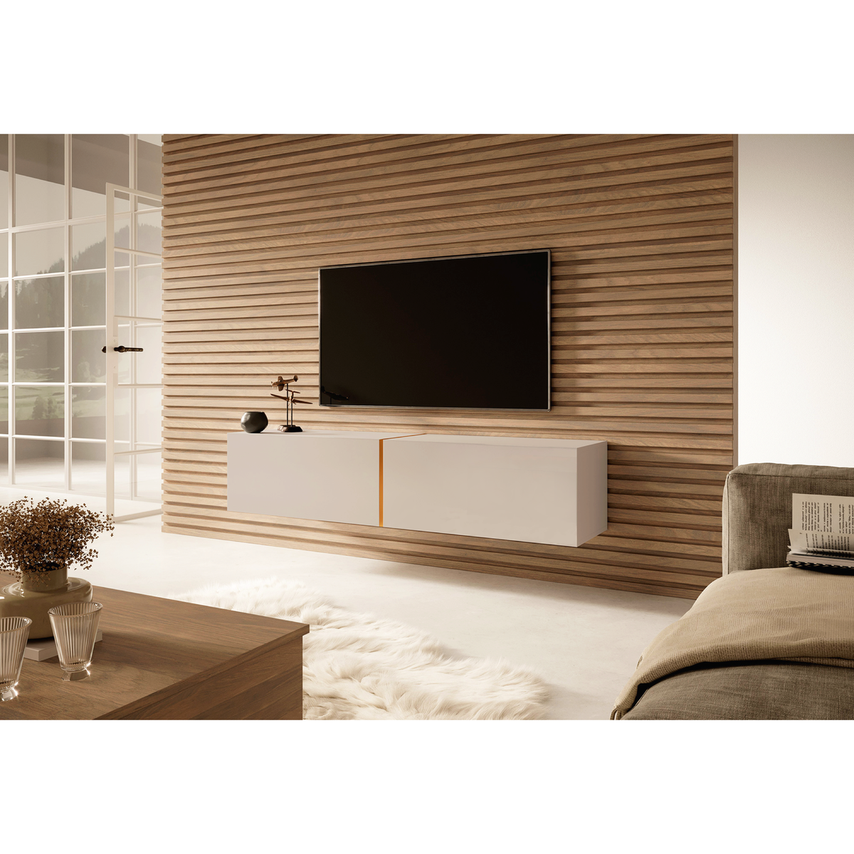 TV spintelė FREJA, 140 cm, kašmyras+auksinė iš šono
