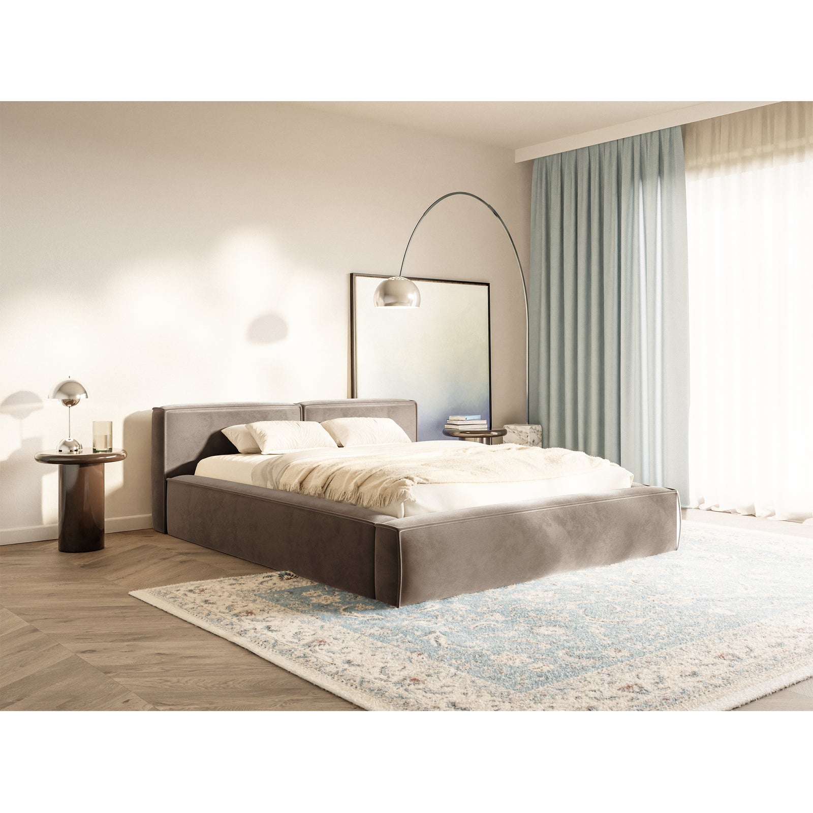Žema lova AMELVA Slim, šviesiai ruda veliūras