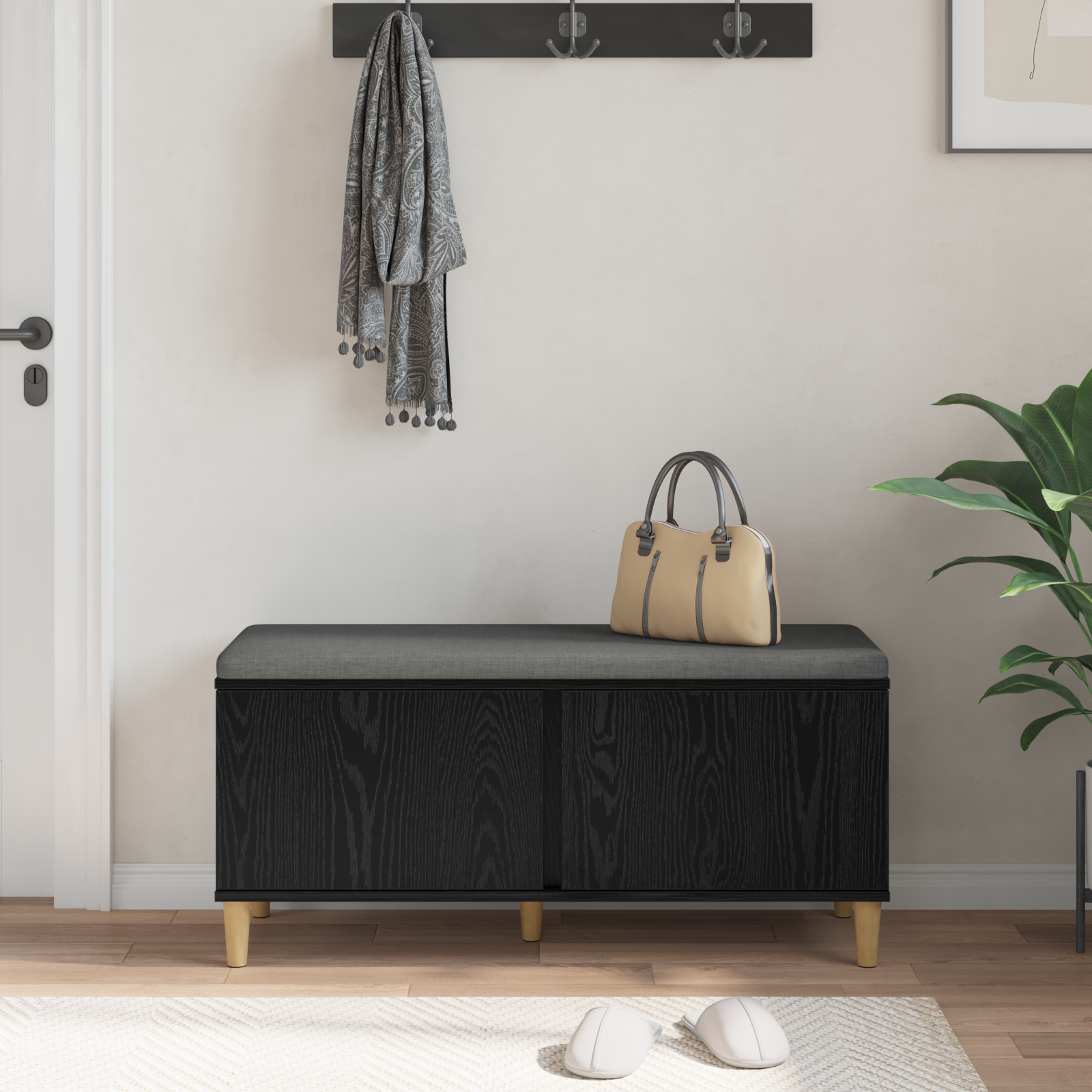Garderobes sols ar spilvenu Melns Ozols 100 x 38 x 46 cm