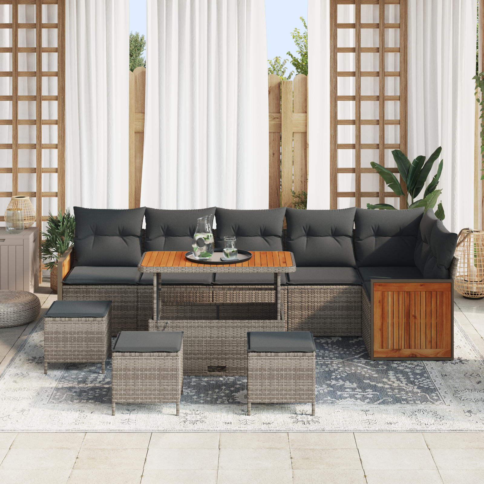 10 dalių sodo sofa komplektas su pagalvėmis Pilka Poli ratanas Akacija