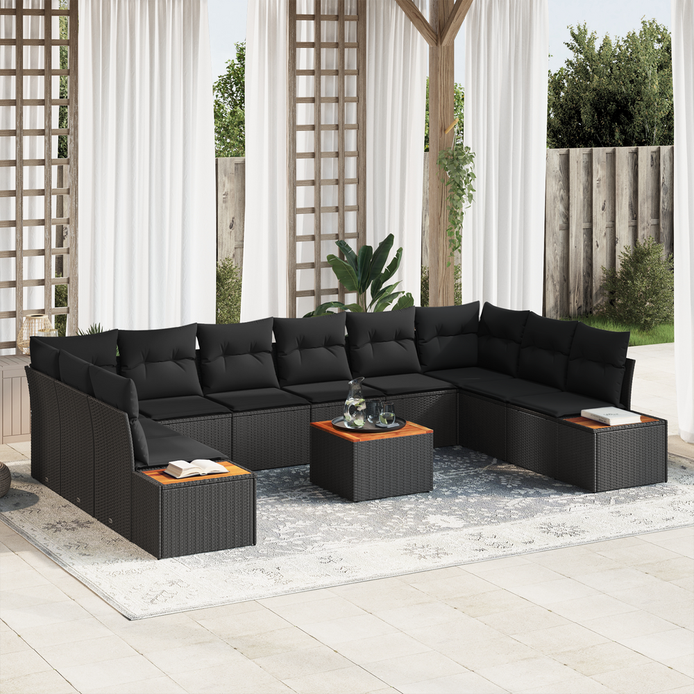 11-piece garden sofa set with cushions black poly rattan acacia