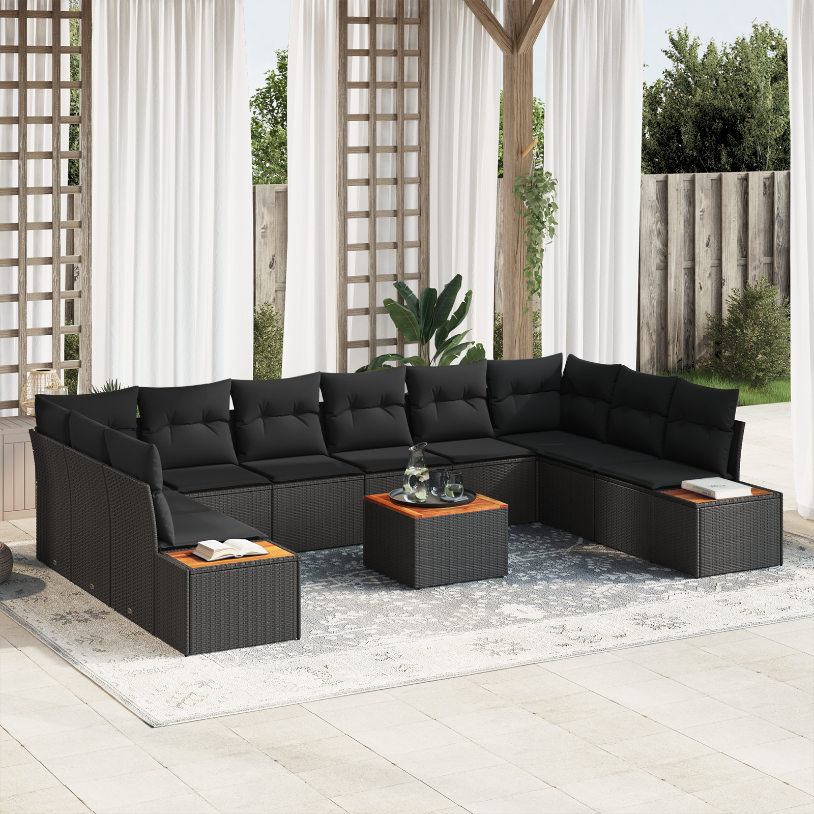 11 dalių sodo sofa su pagalvėmis juodas poli ratanas akacija