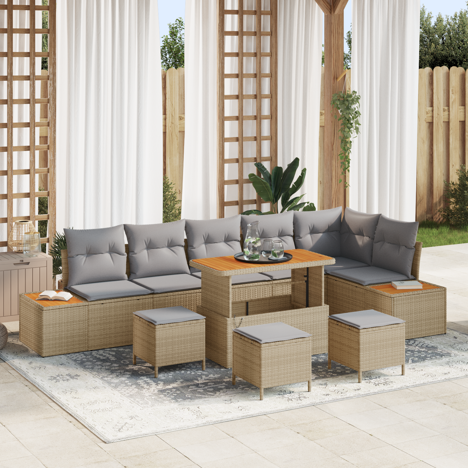 10 dalių sodo sofa komplektas su pagalvėlėmis smėlio poli ratanas akacija