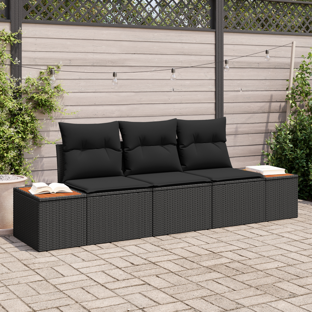 3-piece Garden Sofa Set with Cushions Black Poly Rattan Acacia