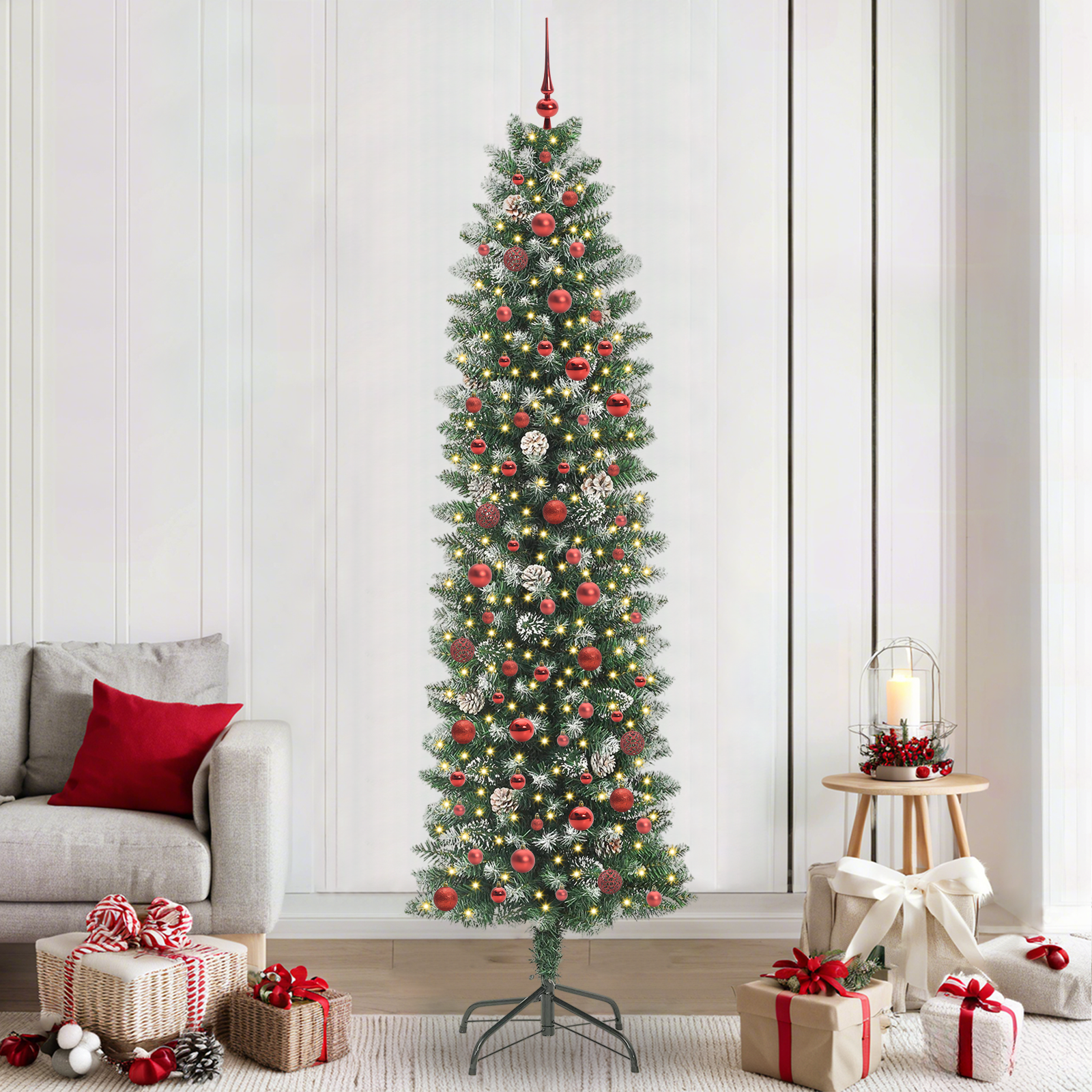 Mākslīgā šaurā Ziemassvētku egle ar 300 LED zaļa un balta 240 cm