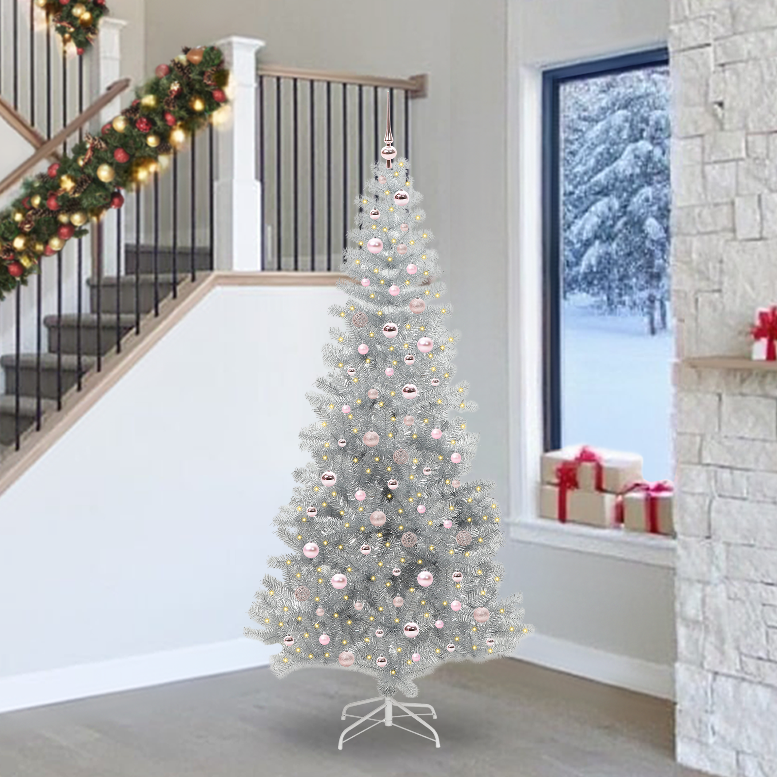 Ziemassvētku eglīte ar 300 gaismas diodēm, statīvu, sudraba, 240 cm, PET