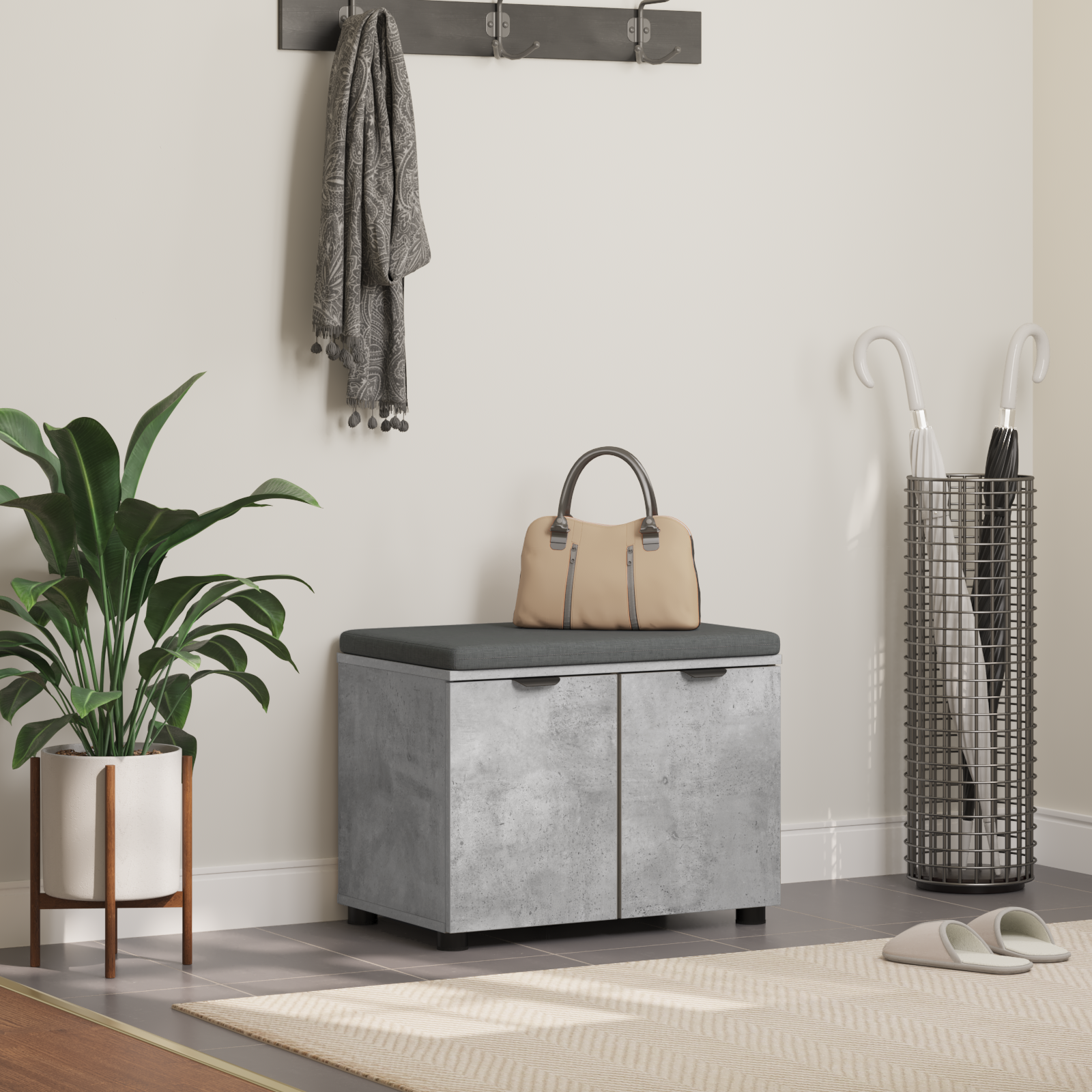 Koridoriaus suolas su pagalve Betono Pilka 60 x 38 x 46 cm