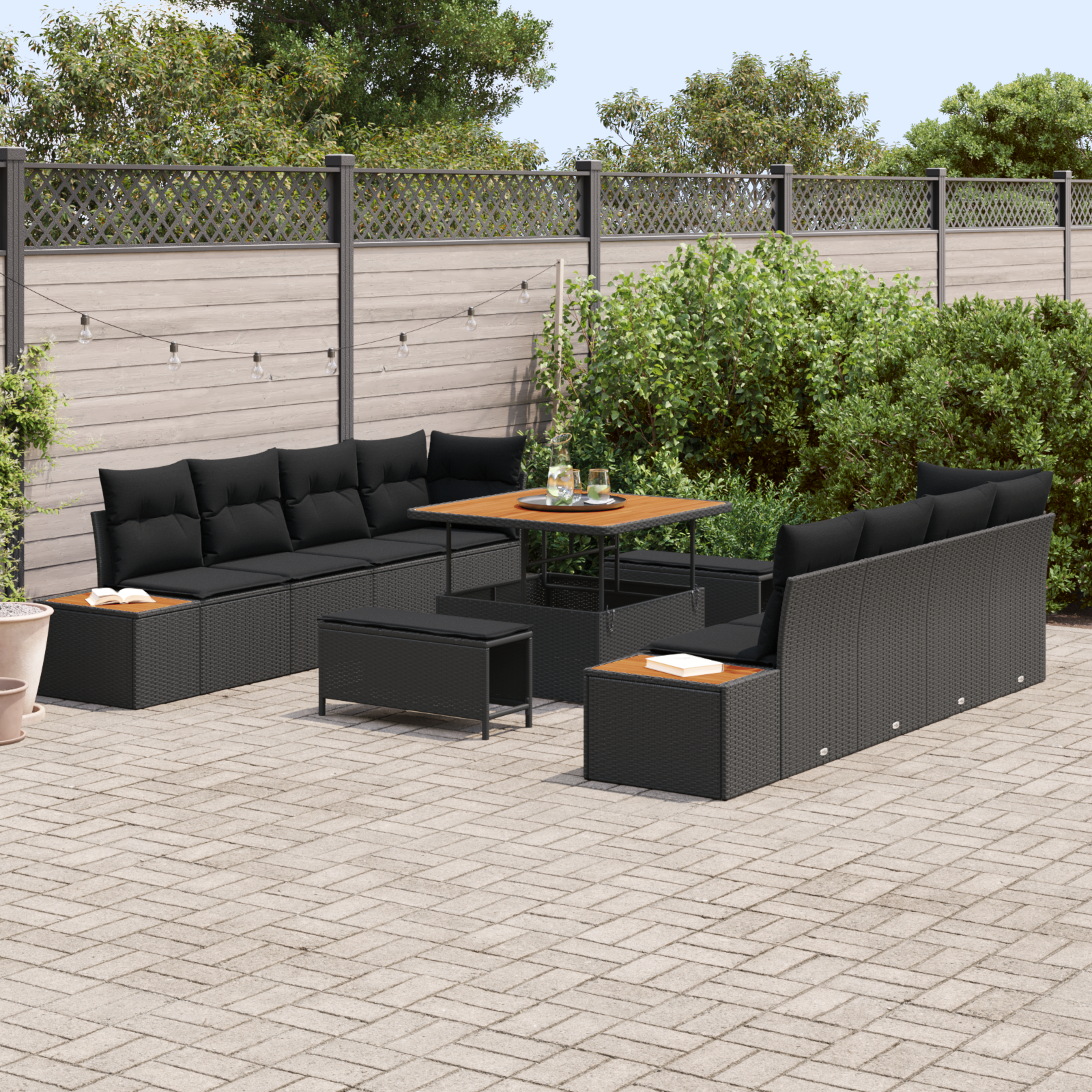 11 dalių sodo sofa rinkinys su pagalvėmis juodas poli ratanas akacijos
