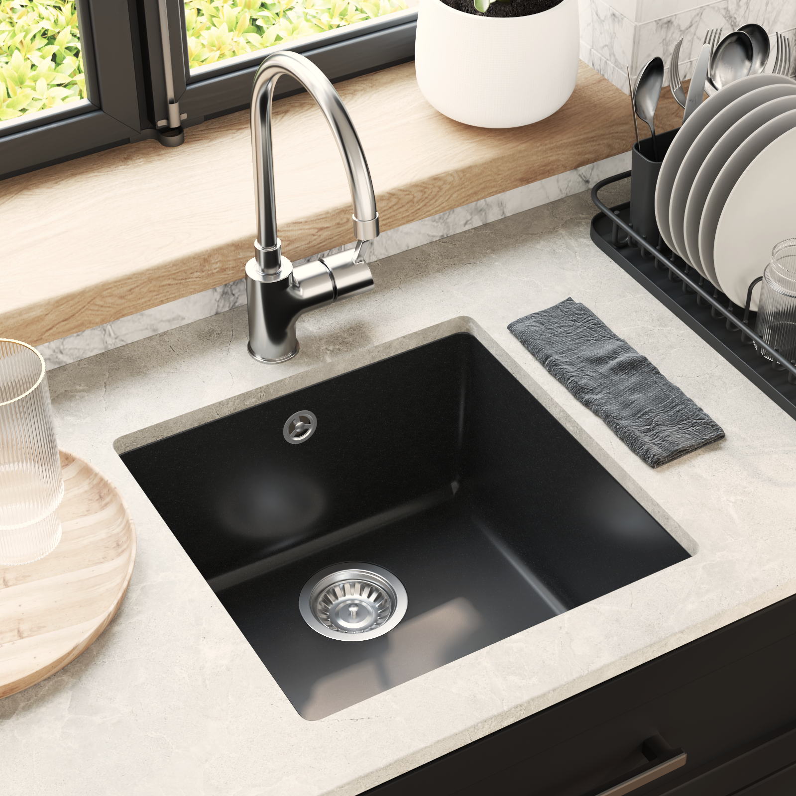 Izlietne Melna 430 x 460 mm 80% Kvarcs un 20% Sveķi
