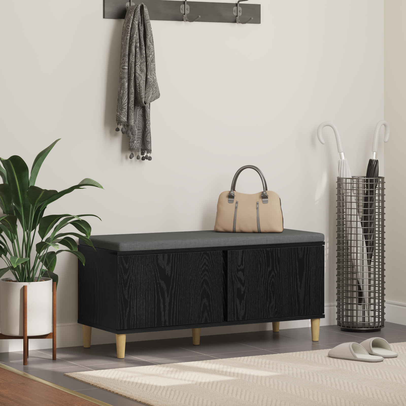 Garderobes sols ar spilvenu Melns Ozols 100 x 38 x 46 cm