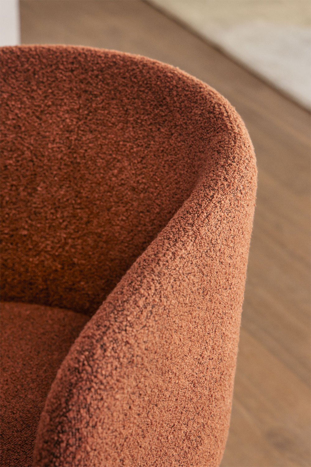 Dining chair SOLUARO with armrests, dark wood frame, brick red bouclé