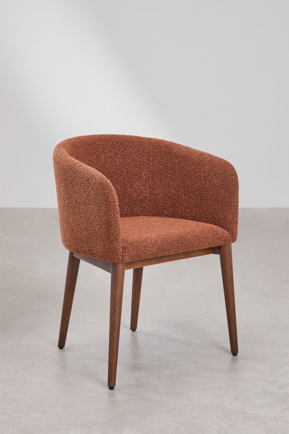 Dining chair SOLUARO with armrests, dark wood frame, brick red bouclé