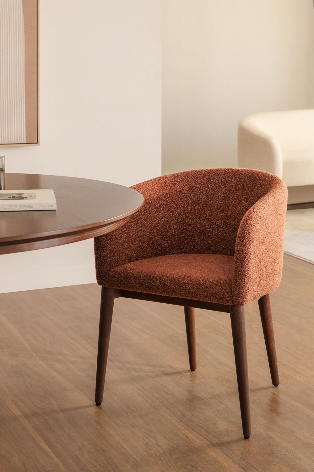 Dining chair SOLUARO with armrests, dark wood frame, brick red bouclé