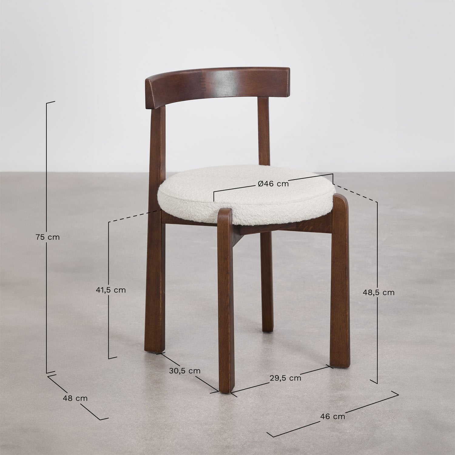 Dining chair VELUURA, dark wood frame, white bouclé