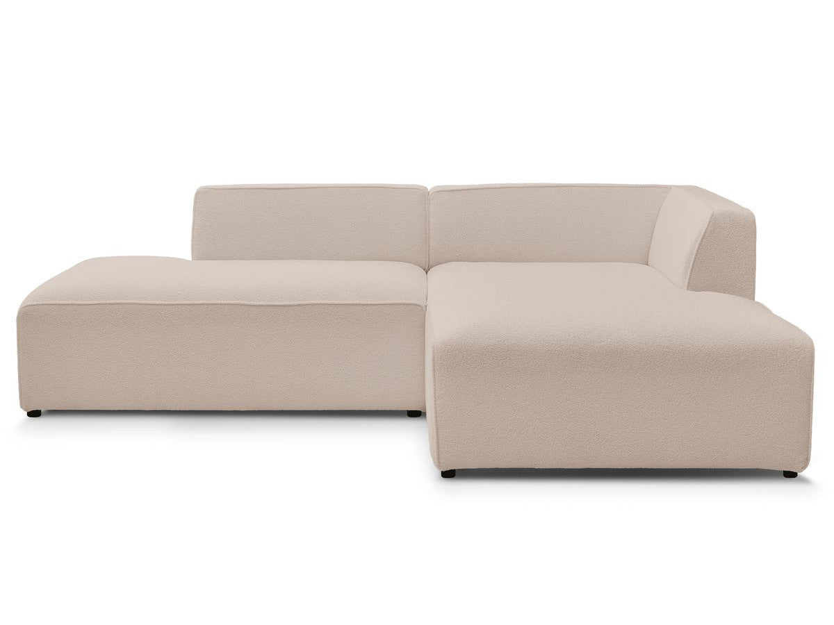 Kampinė sofa MEGEVE, bouclé, smėlinė, švarus siluetas šiuolaikiškai svetainei