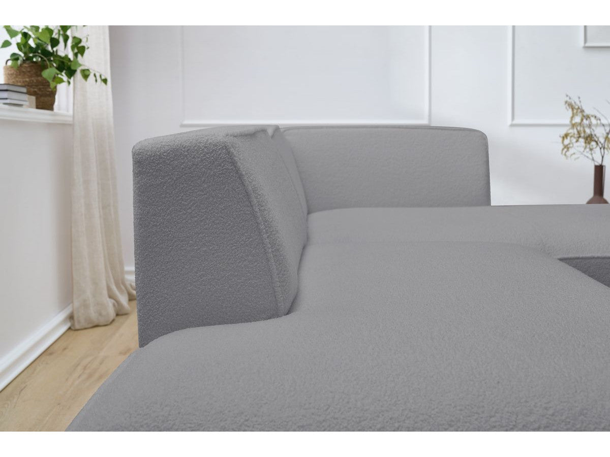 Kampinė sofa MEGEVE, bouclé, šviesiai pilka, keičiant modulių išdėstymą