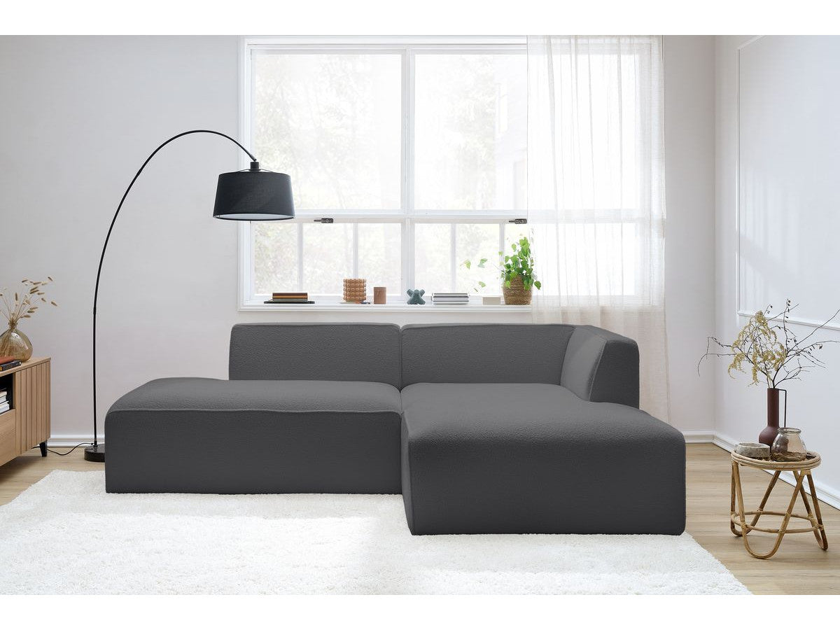 Kampinė sofa MEGEVE, bouclé, tamsiai pilka, keičiant modulių išdėstymą